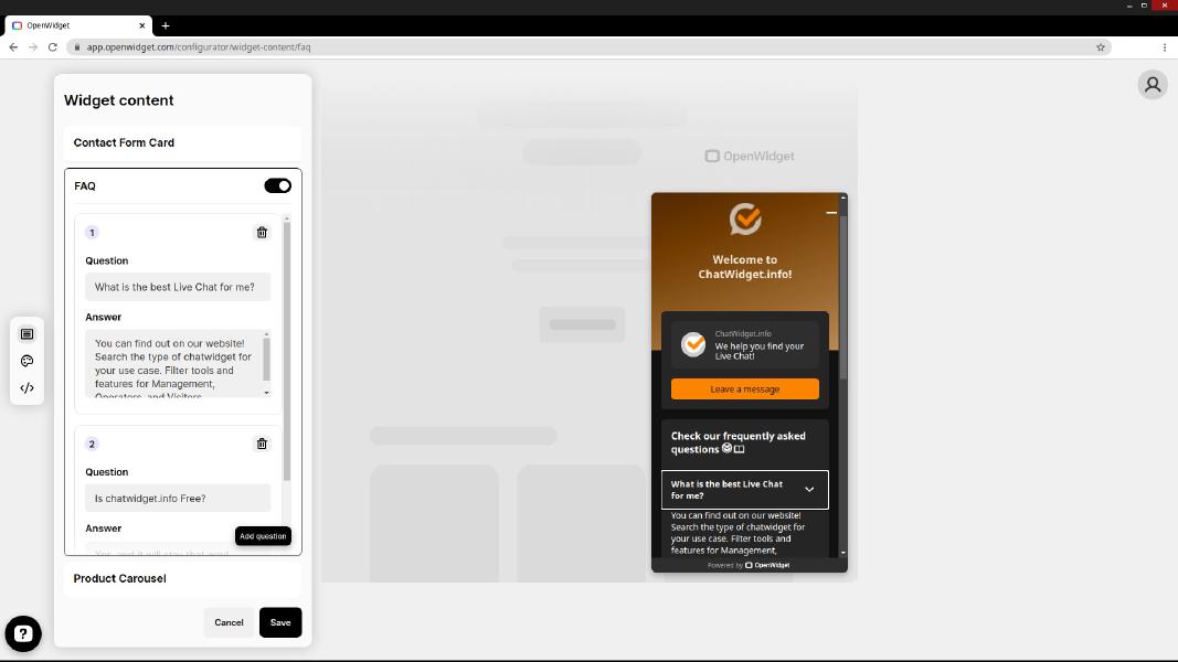 Configuring FAQ in the OpenWidget configurator